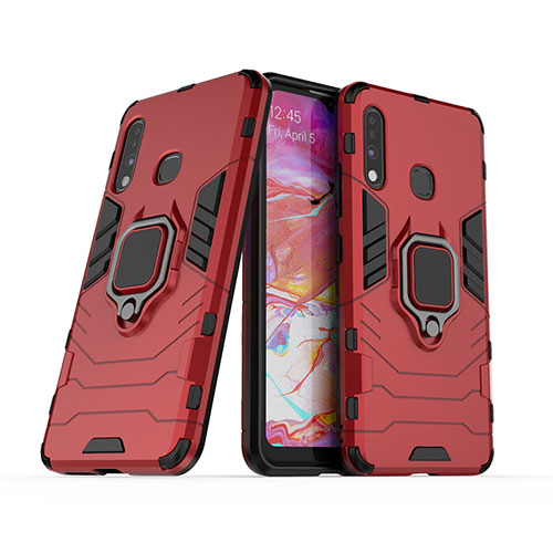 Silicone Matte Finish and Plastic Back Cover Case with Magnetic Finger Ring Stand S02 for Samsung Galaxy A70E Red