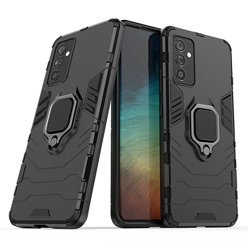 Silicone Matte Finish and Plastic Back Cover Case with Magnetic Finger Ring Stand S02 for Samsung Galaxy A82 5G Black