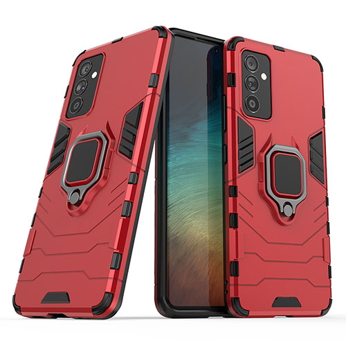 Silicone Matte Finish and Plastic Back Cover Case with Magnetic Finger Ring Stand S02 for Samsung Galaxy A82 5G Red