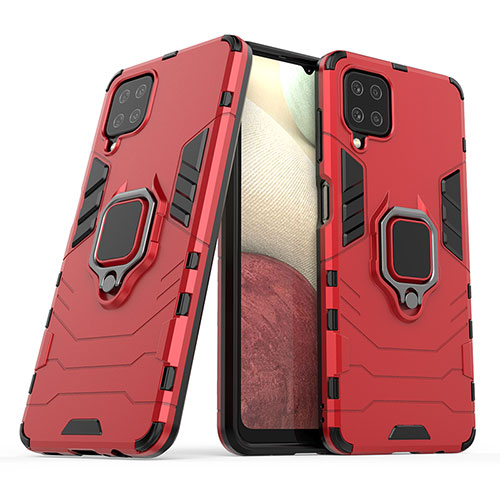 Silicone Matte Finish and Plastic Back Cover Case with Magnetic Finger Ring Stand S02 for Samsung Galaxy M12 Red