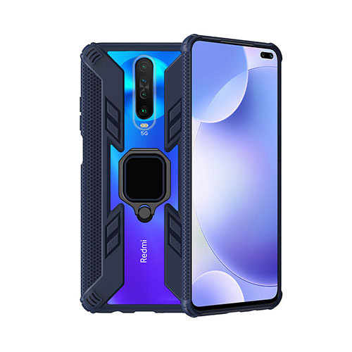 Silicone Matte Finish and Plastic Back Cover Case with Magnetic Finger Ring Stand S02 for Xiaomi Poco X2 Blue