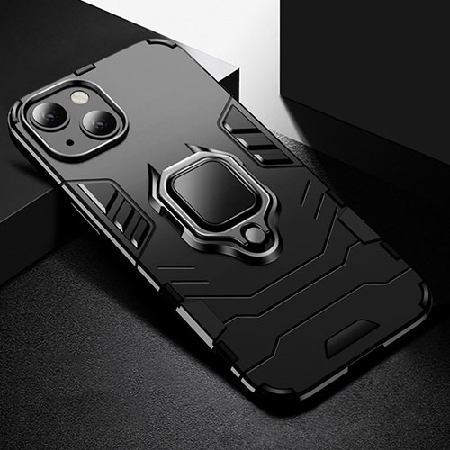 Silicone Matte Finish and Plastic Back Cover Case with Magnetic Finger Ring Stand S03 for Apple iPhone 14 Plus Black