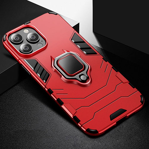 Silicone Matte Finish and Plastic Back Cover Case with Magnetic Finger Ring Stand S03 for Apple iPhone 15 Pro Red