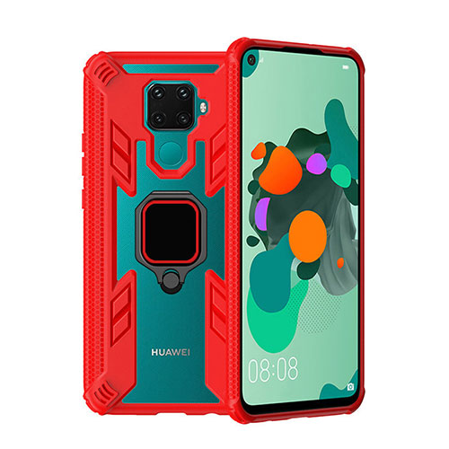 Silicone Matte Finish and Plastic Back Cover Case with Magnetic Finger Ring Stand S03 for Huawei Nova 5i Pro Red