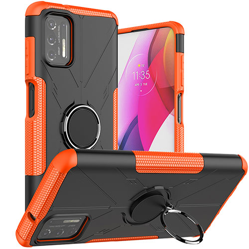 Silicone Matte Finish and Plastic Back Cover Case with Magnetic Finger Ring Stand S03 for Motorola Moto G Stylus (2021) Orange