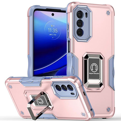 Silicone Matte Finish and Plastic Back Cover Case with Magnetic Finger Ring Stand S03 for Motorola Moto G71s 5G Pink