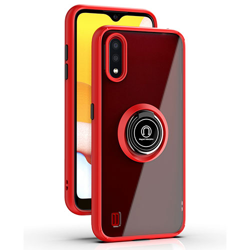 Silicone Matte Finish and Plastic Back Cover Case with Magnetic Finger Ring Stand S03 for Samsung Galaxy A01 SM-A015 Red