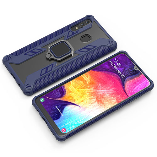 Silicone Matte Finish and Plastic Back Cover Case with Magnetic Finger Ring Stand S03 for Samsung Galaxy A20 Blue