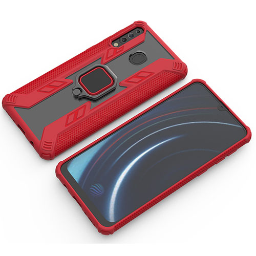 Silicone Matte Finish and Plastic Back Cover Case with Magnetic Finger Ring Stand S03 for Samsung Galaxy A40s Red