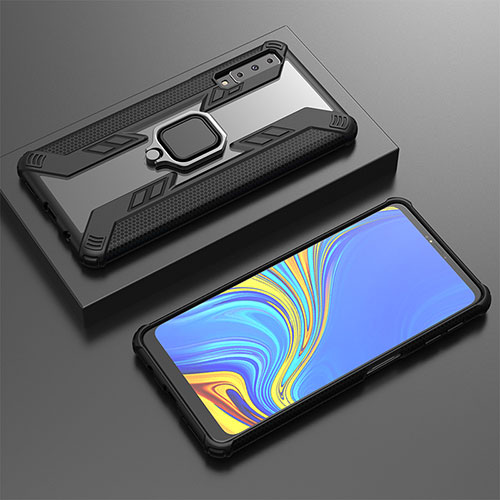 Silicone Matte Finish and Plastic Back Cover Case with Magnetic Finger Ring Stand S03 for Samsung Galaxy A7 (2018) A750 Black