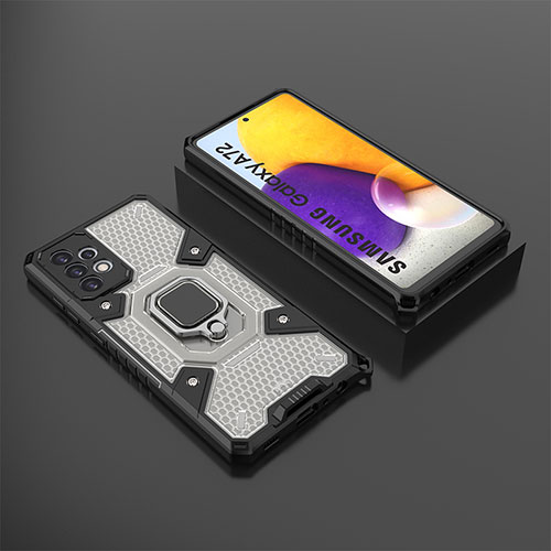 Silicone Matte Finish and Plastic Back Cover Case with Magnetic Finger Ring Stand S03 for Samsung Galaxy A72 5G Black