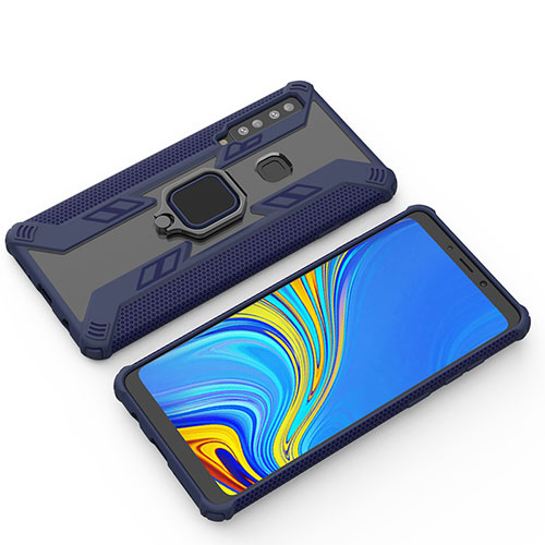 Silicone Matte Finish and Plastic Back Cover Case with Magnetic Finger Ring Stand S03 for Samsung Galaxy A9 (2018) A920 Blue