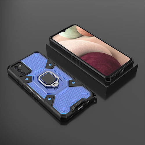 Silicone Matte Finish and Plastic Back Cover Case with Magnetic Finger Ring Stand S03 for Samsung Galaxy M02s Blue