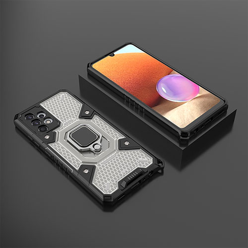 Silicone Matte Finish and Plastic Back Cover Case with Magnetic Finger Ring Stand S03 for Samsung Galaxy M32 5G Black