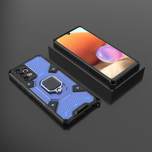 Silicone Matte Finish and Plastic Back Cover Case with Magnetic Finger Ring Stand S03 for Samsung Galaxy M32 5G Blue