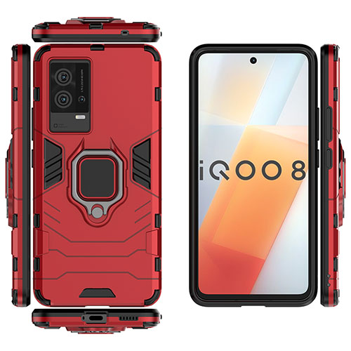 Silicone Matte Finish and Plastic Back Cover Case with Magnetic Finger Ring Stand S03 for Vivo iQOO 8 5G Red