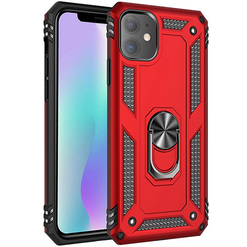 Silicone Matte Finish and Plastic Back Cover Case with Magnetic Finger Ring Stand S04 for Apple iPhone 11 Red