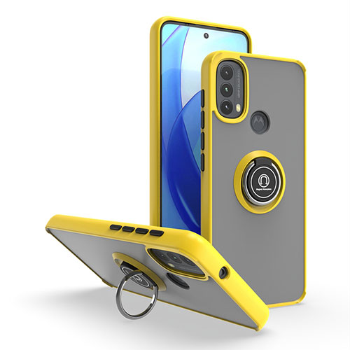 Silicone Matte Finish and Plastic Back Cover Case with Magnetic Finger Ring Stand S04 for Motorola Moto E20 Yellow