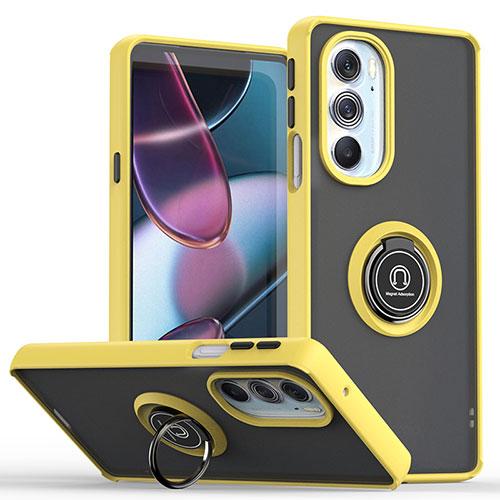 Silicone Matte Finish and Plastic Back Cover Case with Magnetic Finger Ring Stand S04 for Motorola Moto Edge X30 5G Yellow