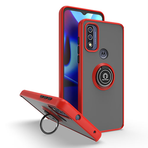 Silicone Matte Finish and Plastic Back Cover Case with Magnetic Finger Ring Stand S04 for Motorola Moto G Pure Red