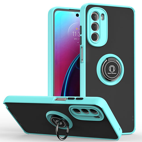 Silicone Matte Finish and Plastic Back Cover Case with Magnetic Finger Ring Stand S04 for Motorola Moto G Stylus (2022) 5G Cyan