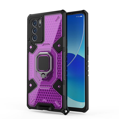 Silicone Matte Finish and Plastic Back Cover Case with Magnetic Finger Ring Stand S04 for Oppo Reno6 Pro 5G India Purple