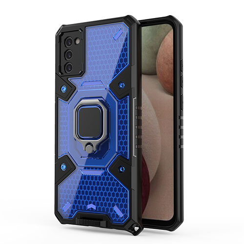 Silicone Matte Finish and Plastic Back Cover Case with Magnetic Finger Ring Stand S04 for Samsung Galaxy A02s Blue