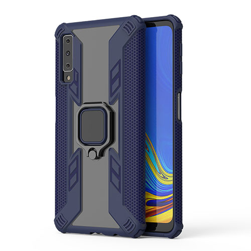 Silicone Matte Finish and Plastic Back Cover Case with Magnetic Finger Ring Stand S04 for Samsung Galaxy A7 (2018) A750 Blue