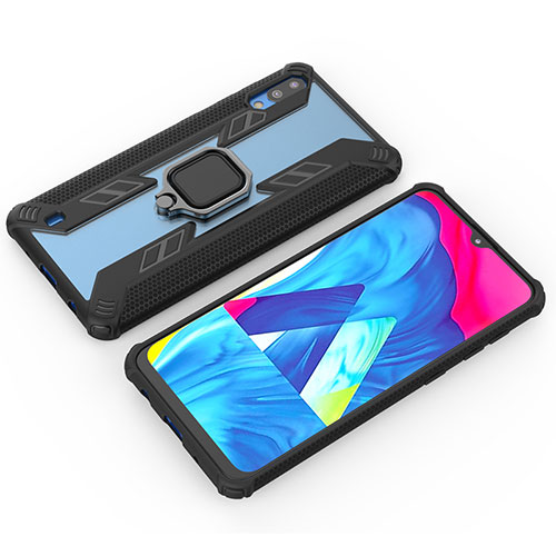 Silicone Matte Finish and Plastic Back Cover Case with Magnetic Finger Ring Stand S04 for Samsung Galaxy M10 Black