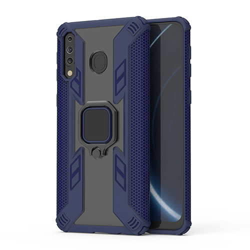 Silicone Matte Finish and Plastic Back Cover Case with Magnetic Finger Ring Stand S04 for Samsung Galaxy M30 Blue