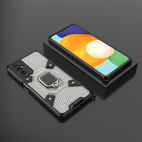 Silicone Matte Finish and Plastic Back Cover Case with Magnetic Finger Ring Stand S04 for Samsung Galaxy M52 5G Black