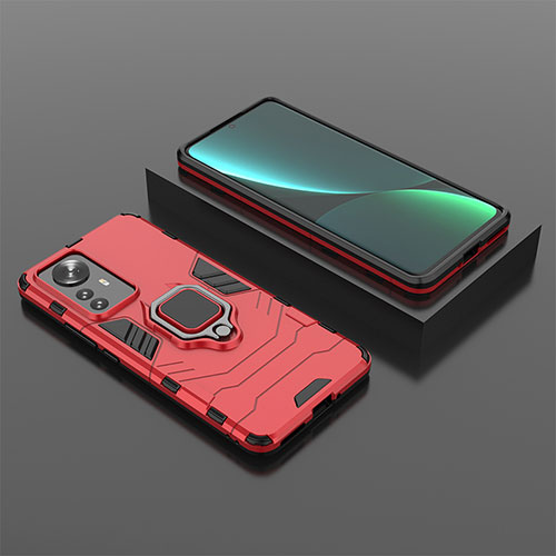 Silicone Matte Finish and Plastic Back Cover Case with Magnetic Finger Ring Stand S04 for Xiaomi Mi 12 Lite 5G Red