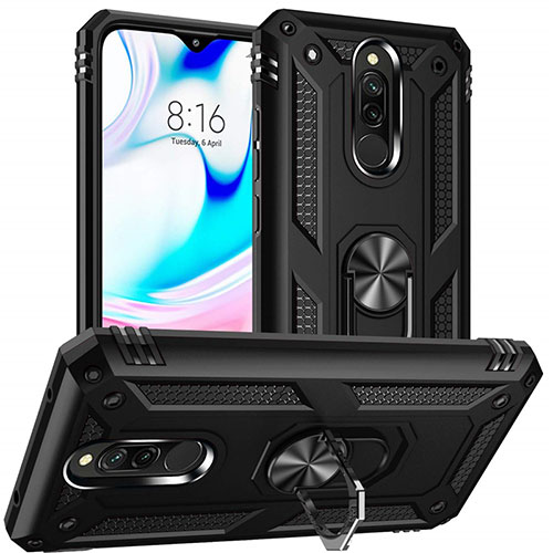 Silicone Matte Finish and Plastic Back Cover Case with Magnetic Finger Ring Stand S04 for Xiaomi Redmi 8 Black