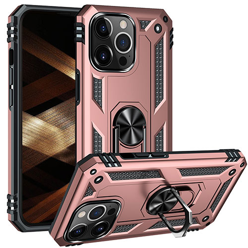 Silicone Matte Finish and Plastic Back Cover Case with Magnetic Finger Ring Stand S05 for Apple iPhone 16 Pro Max Rose Gold