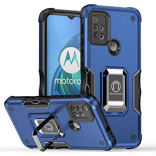 Silicone Matte Finish and Plastic Back Cover Case with Magnetic Finger Ring Stand S05 for Motorola Moto G10 Power Blue