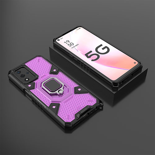 Silicone Matte Finish and Plastic Back Cover Case with Magnetic Finger Ring Stand S05 for Oppo A93s 5G Purple