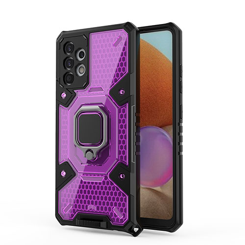 Silicone Matte Finish and Plastic Back Cover Case with Magnetic Finger Ring Stand S05 for Samsung Galaxy A32 5G Purple