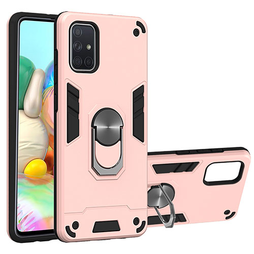 Silicone Matte Finish and Plastic Back Cover Case with Magnetic Finger Ring Stand S05 for Samsung Galaxy A71 5G Pink