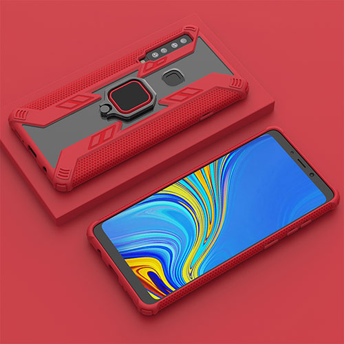 Silicone Matte Finish and Plastic Back Cover Case with Magnetic Finger Ring Stand S05 for Samsung Galaxy A9 Star Pro Red