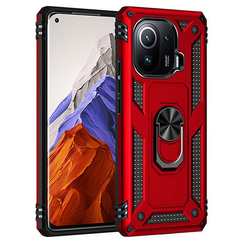 Silicone Matte Finish and Plastic Back Cover Case with Magnetic Finger Ring Stand S05 for Xiaomi Mi 11 Pro 5G Red