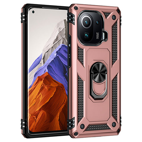 Silicone Matte Finish and Plastic Back Cover Case with Magnetic Finger Ring Stand S05 for Xiaomi Mi 11 Pro 5G Rose Gold