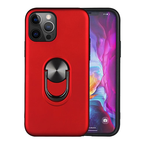 Silicone Matte Finish and Plastic Back Cover Case with Magnetic Finger Ring Stand S06 for Apple iPhone 12 Pro Max Red