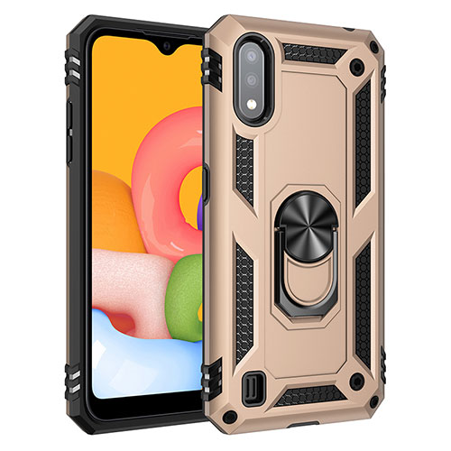 Silicone Matte Finish and Plastic Back Cover Case with Magnetic Finger Ring Stand S06 for Samsung Galaxy A01 SM-A015 Gold