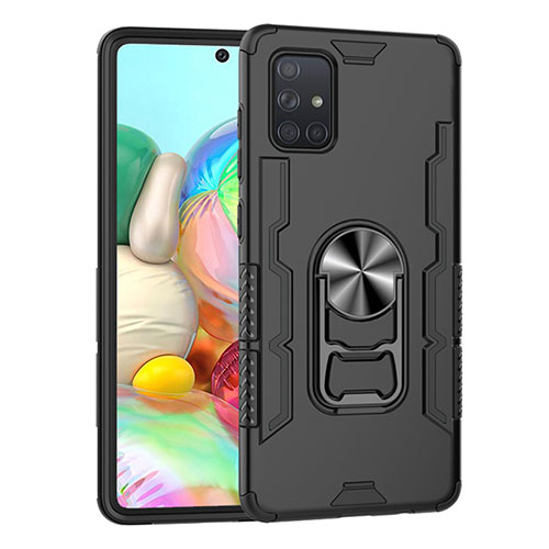 Silicone Matte Finish and Plastic Back Cover Case with Magnetic Finger Ring Stand S06 for Samsung Galaxy A71 5G Black