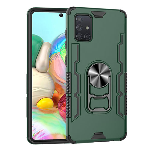 Silicone Matte Finish and Plastic Back Cover Case with Magnetic Finger Ring Stand S06 for Samsung Galaxy A71 5G Green