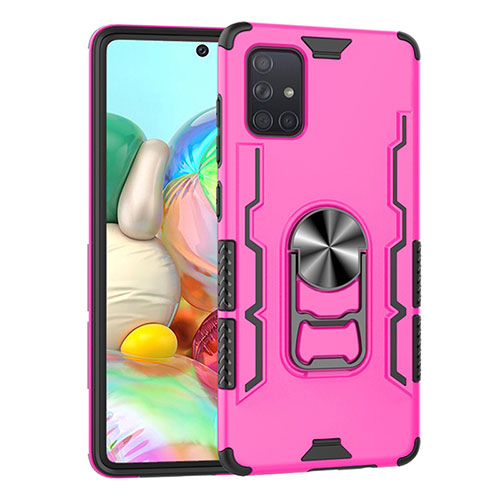 Silicone Matte Finish and Plastic Back Cover Case with Magnetic Finger Ring Stand S06 for Samsung Galaxy A71 5G Pink