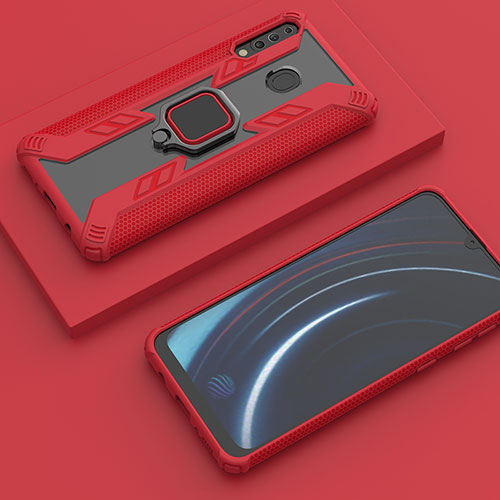 Silicone Matte Finish and Plastic Back Cover Case with Magnetic Finger Ring Stand S06 for Samsung Galaxy M30 Red