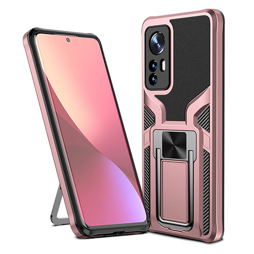 Silicone Matte Finish and Plastic Back Cover Case with Magnetic Finger Ring Stand S06 for Xiaomi Mi 12 Pro 5G Rose Gold