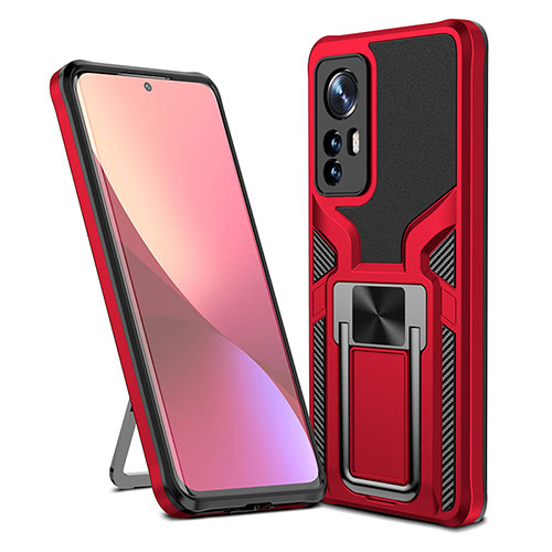 Silicone Matte Finish and Plastic Back Cover Case with Magnetic Finger Ring Stand S06 for Xiaomi Mi 12S 5G Red