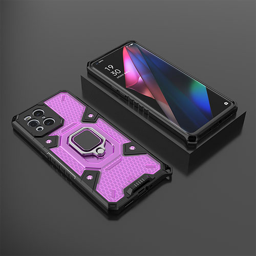 Silicone Matte Finish and Plastic Back Cover Case with Magnetic Finger Ring Stand S07 for Oppo Find X3 5G Purple